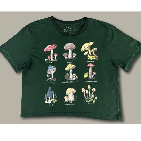 Obsessive Love Tops - Obsessive Love Cottagecore Mushroom Graphic Green Goblincore Medium Cropped Tee